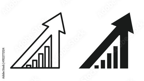 Simple vector icon showing two styles of increasing bar chart with an upward trend arrow representing growth