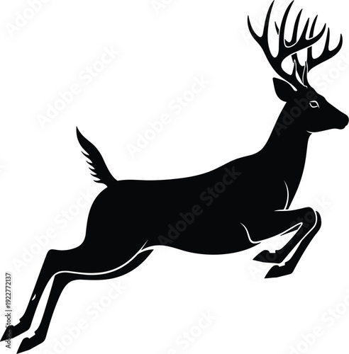 Majestic jumping deer silhouette with large antlers in mid-air leap isolated on white background for wildlife and hunting logo design.