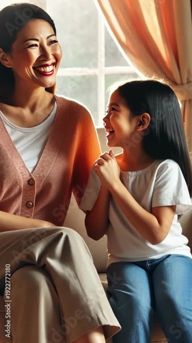 Mother and daughter share a moment at home while sitting by a window in the afternoon light