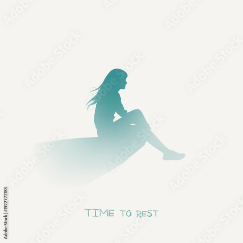 Woman sitting on cliff. Mountain solo hiking. Isolated ink silhouette