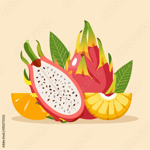 tropical fruits,dragon fruits,mango,pineapple,exotic fruits,slice fruit,fruit vector,fruit illustration
