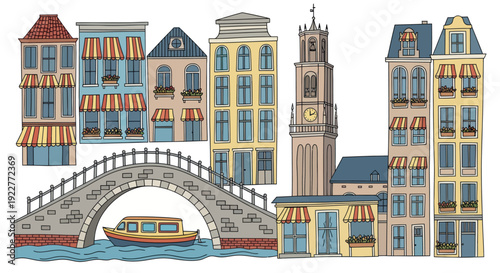 A charming collection of colorful traditional townhouses, a historic clock tower, a stone bridge, and a canal boat, perfect for travel themes, childrens books, or urban life promotions.