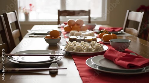 Festive Asian Feast: Steamed Dumplings, Fresh Tangerines, and Red Table Setting Ready for a Celebratory Meal with Family and Friends