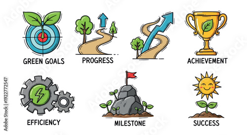 Visual representations of sustainable business concepts including green goals, progress, achievement, efficiency, milestones, and ultimate success for corporate presentations.