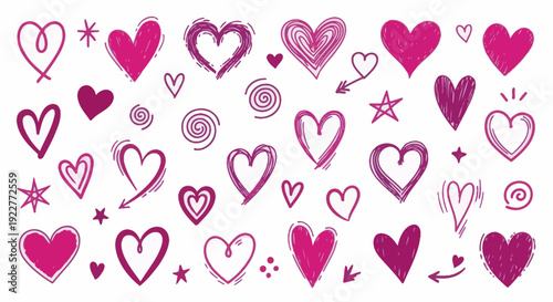 Diverse set of hand drawn heart symbols and charming doodle elements ideal for romantic holiday greetings or playful celebration decorations