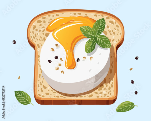 Sweet breakfast toast with fried egg and honey drizzle for unique morning protein and sugar meal - Vector Illustration