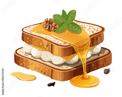 Multi layer breakfast sandwich with cream cheese and golden honey layers for sweet morning pastry treat - Vector Illustration