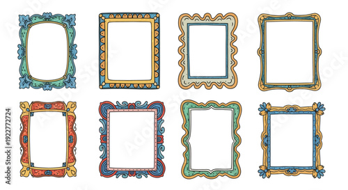Vibrant collection of decorative picture frames featuring unique shapes and handdrawn accents perfect for enhancing invitations, scrapbooks, presentations, or personalized digital content
