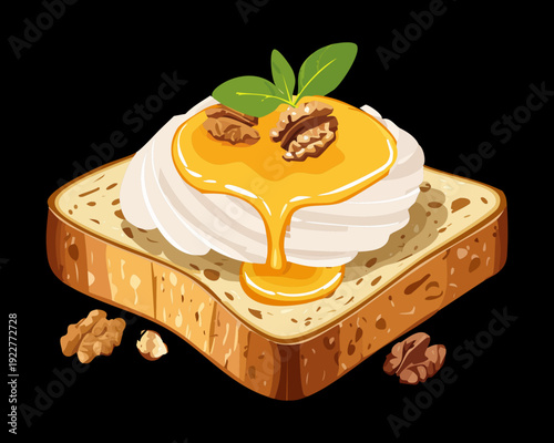 French toast stack with honey glaze and walnut pieces for classic sweet breakfast or dessert meal - Vector Illustration