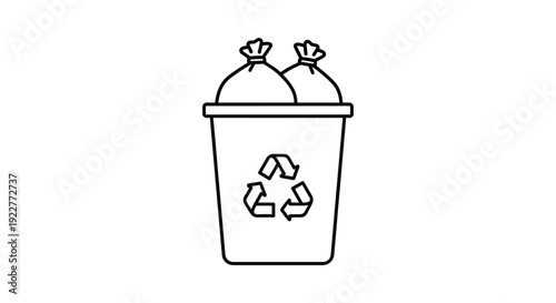 Simple line art illustration of a recycling bin with garbage bags 