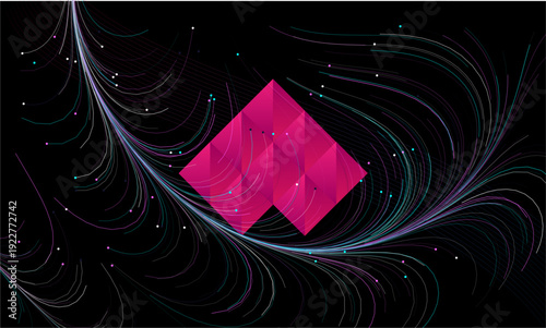 Abstract Tech Background with Magenta Crystal Geometric Shape and Flowing Fiber Optic Lines.