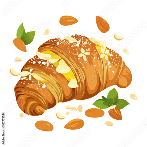 Flaky golden croissant filled with almond cream and topped with nuts for French bakery breakfast pastry - Vector Illustration