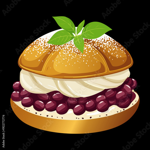 Soft sweet bun sandwich with purple berry jam and thick cream filling for afternoon tea snack - Vector Illustration