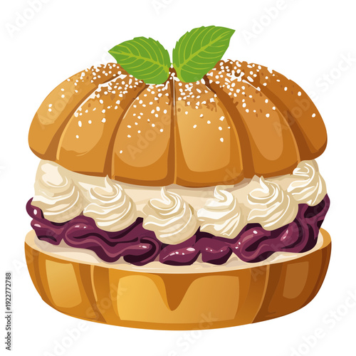 Sweet cream puff pastry with blueberry filling and powdered sugar dusting for elegant dessert snack meal - Vector Illustration