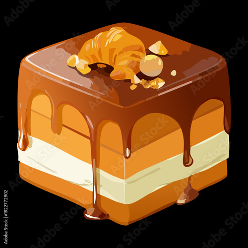 Triple layer chocolate fudge cake with golden croissant garnish for extravagant bakery dessert or birthday treat - Vector Illustration