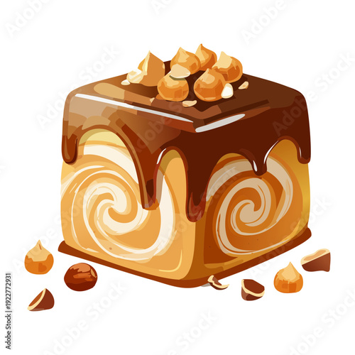 Square chocolate roll cake with hazelnut topping and thick fudge glaze for sweet bakery dessert snack - Vector Illustration