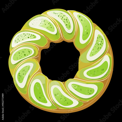 Round pistachio cream filled pastry with green glaze and chocolate swirl for modern sweet dessert snack - Vector Illustration