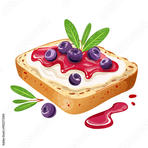Healthy breakfast toast with cream cheese berries and mint leaves for colorful morning fruit snack meal - Vector Illustration