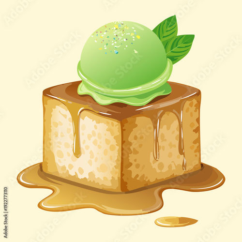 Warm chocolate brownie with lime ice cream scoop and mint garnish for refreshing summer dessert snack - Vector Illustration