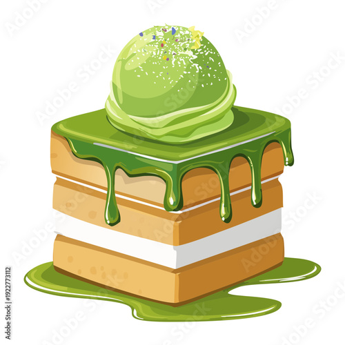 Decadent chocolate cake with matcha green tea cream and syrup for unique fusion bakery dessert treat - Vector Illustration