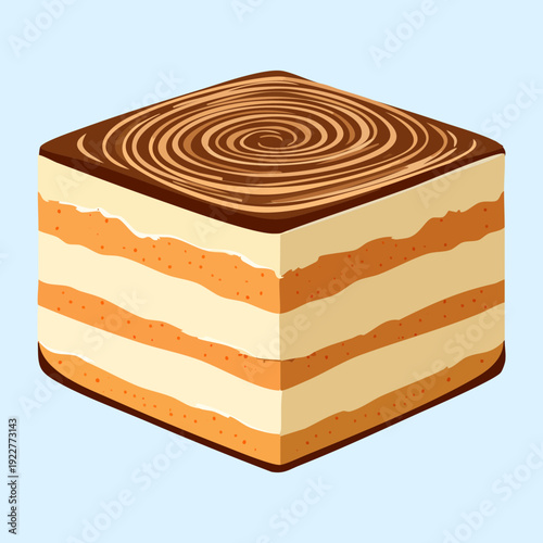 Layered mocha coffee cake with chocolate cream and cocoa powder for rich gourmet bakery dessert snack - Vector Illustration
