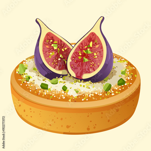 Sweet fruit tart with fresh figs honey and almond garnish for healthy bakery dessert snack treat - Vector Illustration