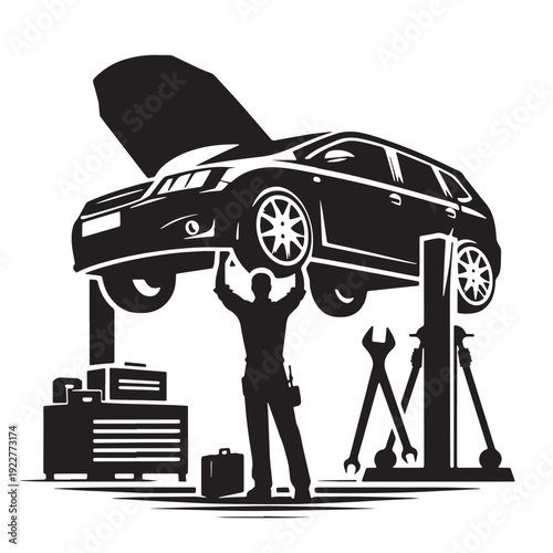 Black Mechanic under car Silhouette Vector, High Quality Illustration on White Background