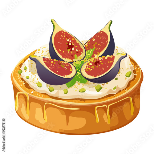 Fresh fig tart with honey and pistachio crumble for healthy gourmet fruit dessert or bakery snack - Vector Illustration