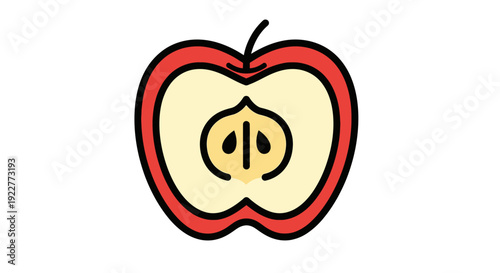 Half apple illustration red skin and internal anatomy on white background