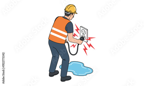 Electrical Hazard: Man Plugging Cord into Outlet with Water Puddle