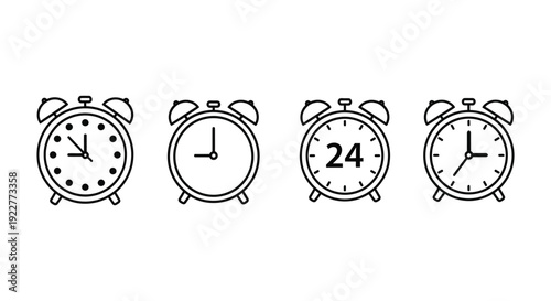 Set of four different simple black line art alarm clocks
