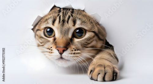 Curious tabby cat peering through torn paper with vibrant eyes and playful expression visible