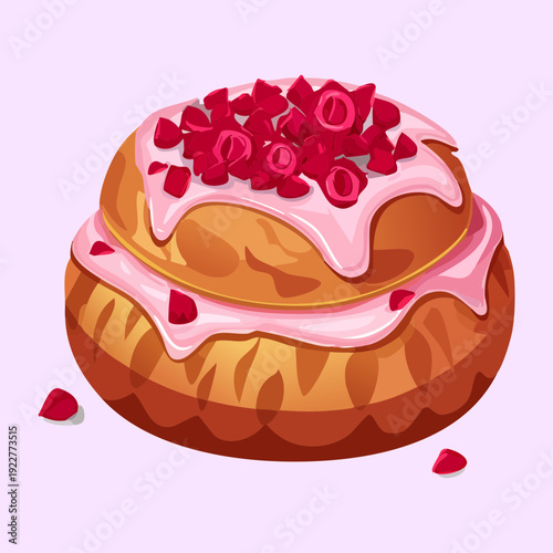 Round strawberry tart with fresh berries and sweet cream for classic European bakery dessert snack treat - Vector Illustration