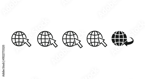 Simple black and white globe icons representing global connectivity and online presence with varying cursor designs