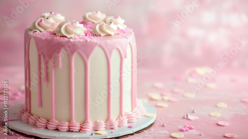 Elegant white cake with pink frosting drips and cream swirls on a festive pink background. Sweet dessert, bakery, celebration, romantic mood. Anniversary, wedding.