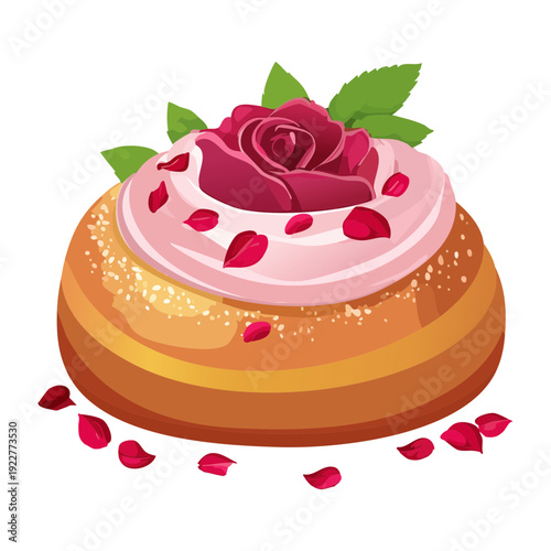 Gourmet floral tart with rose petal garnish and pink cream for elegant romantic dessert snack meal - Vector Illustration