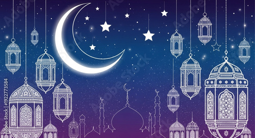 Ramadan Kareem crescent moon and lanterns illustration.