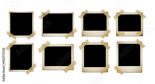 Collection of vintage polaroid photographs with masking tape isolated on white background perfectly displayed