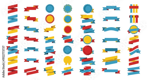 Collection of colorful ribbons and badges with various shapes and designs for decoration and labeling purposes