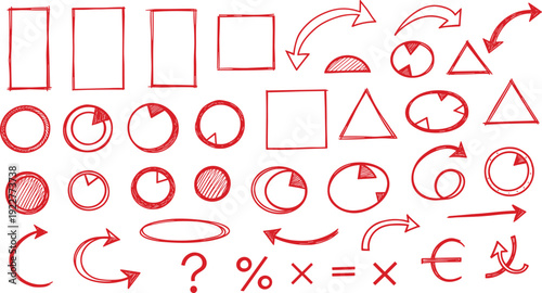 Hand Drawn Red Arrows and Shapes Vector Set with Circles, Frames and Sketch Symbols Isolated Doodle Collection