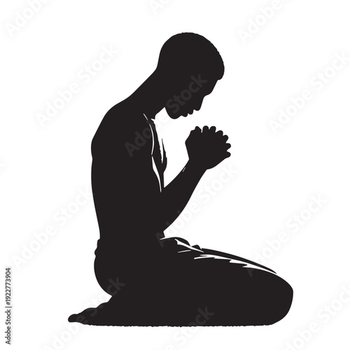 Black Man praying alone night Silhouette Vector, High Quality Illustration on White Background
