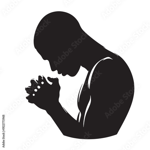 Black Man praying alone night Silhouette Vector, High Quality Illustration on White Background
