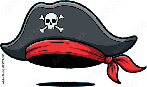 Cartoon pirate captain hat with skull and crossbones and red bandana isolated on white background, nautical adventure costume vector illustration
