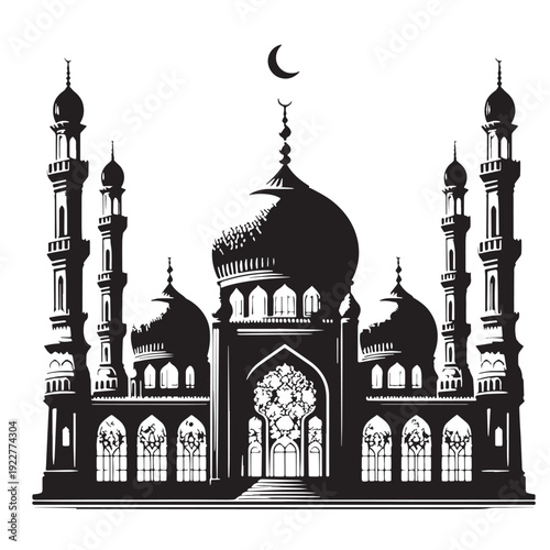 Black Mosque Silhouette Vector, High Quality Illustration on White Background
