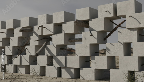 Wallpaper Mural Industrial Concrete Block Wall with Rebar and Open Cavities on Desert Ground Torontodigital.ca