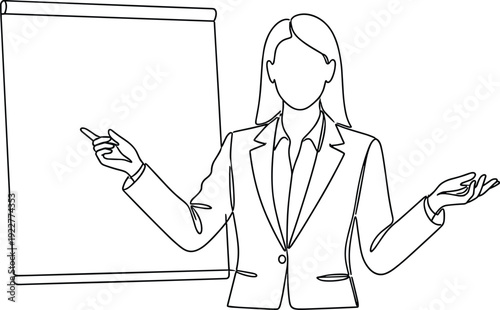 Business woman presenting at flip chart board, professional corporate trainer explaining strategy during meeting, minimal line art illustrationBusiness woman presenting at flip chart board