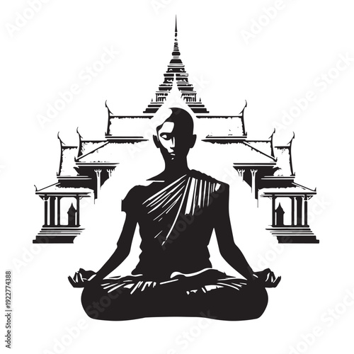 Black Monk meditation temple Silhouette Vector, High Quality Illustration on White Background