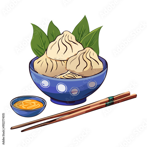 Decorative blue bowl filled with steaming dumplings and fresh green leaves served with traditional wooden chopsticks and sauce Vector Illustration