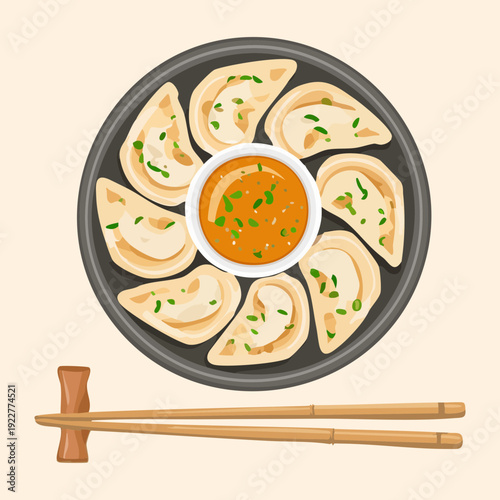 Large circular plate of steamed chinese dumplings arranged beautifully with a side of savory soy sauce and chopsticks Vector Illustration