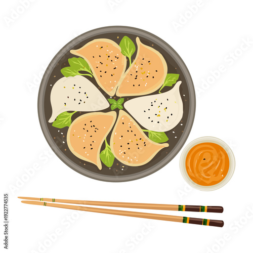 Steamed dumplings plate with sauce dish and chopsticks highlighting the authentic flavors of traditional asian dim sum cuisine Vector Illustration